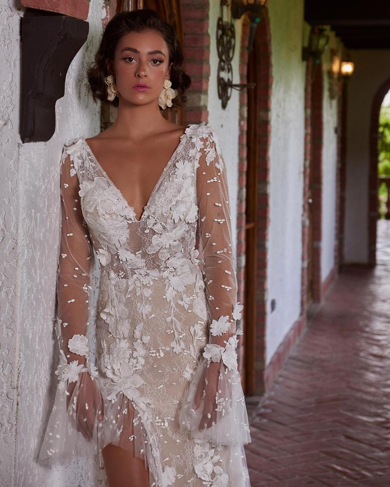 Lp2314 sexy lace boho wedding dress with sleeves and slit1